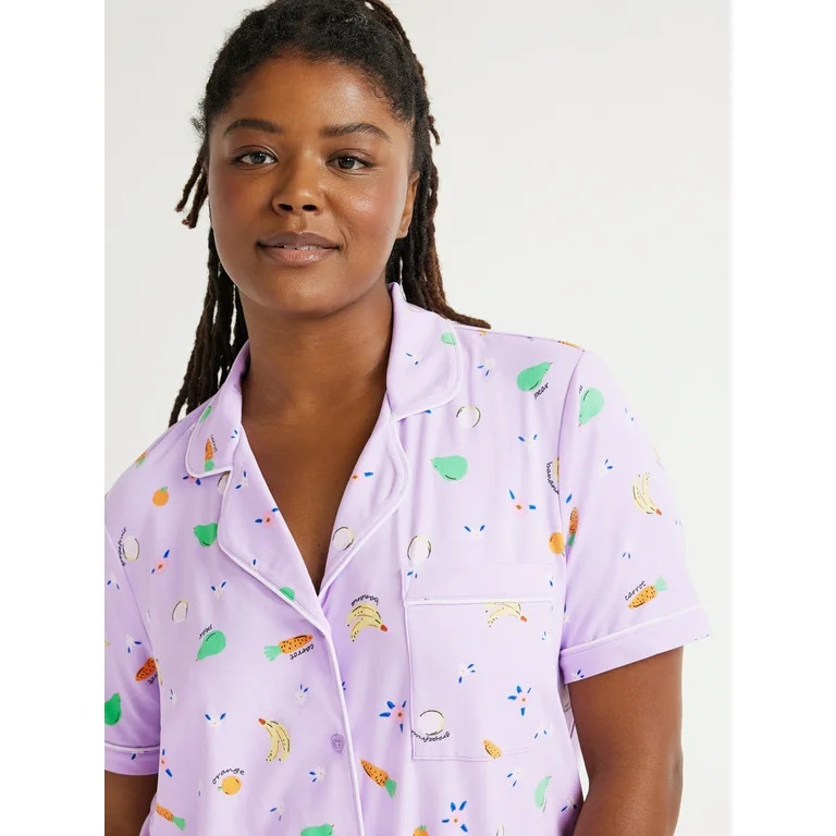 Joyspun Women's Knit Short Sleeve Notch Collar Top and Capri Pajama Set, 2-Piece, Sizes S to 3X -... | Walmart (US)