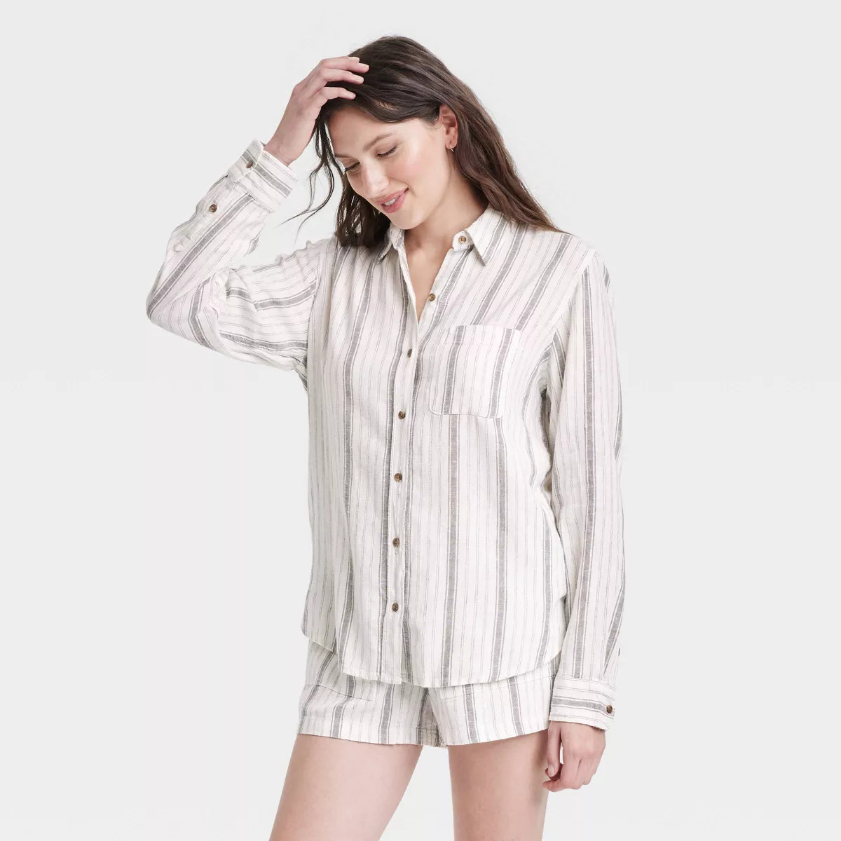 Women's Long Sleeve Collared Linen Button-Down Shirt - Universal Thread™ Gray/White Striped S | Target