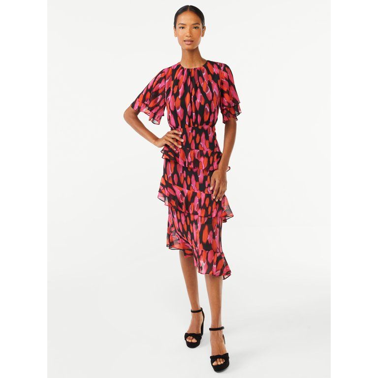 Scoop Women's Tiered Ruffle Dress with Flutter Sleeves | Walmart (US)