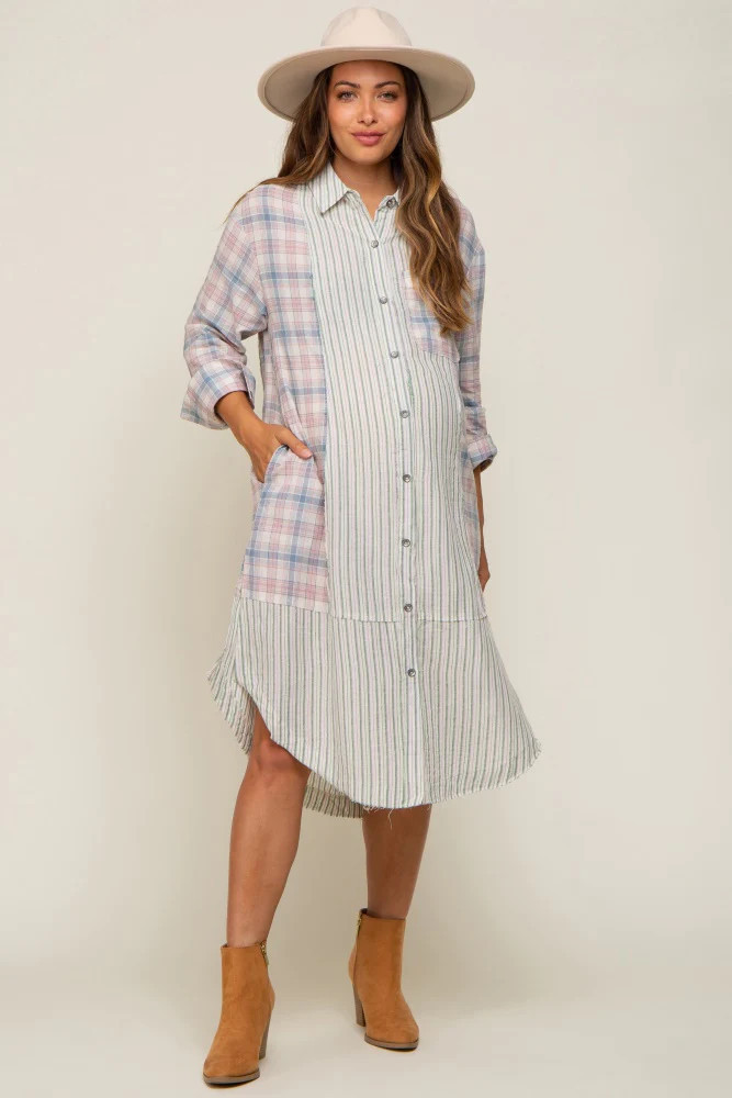 Blue Plaid Contrasting Long Maternity Shirt/Dress | PinkBlush Maternity