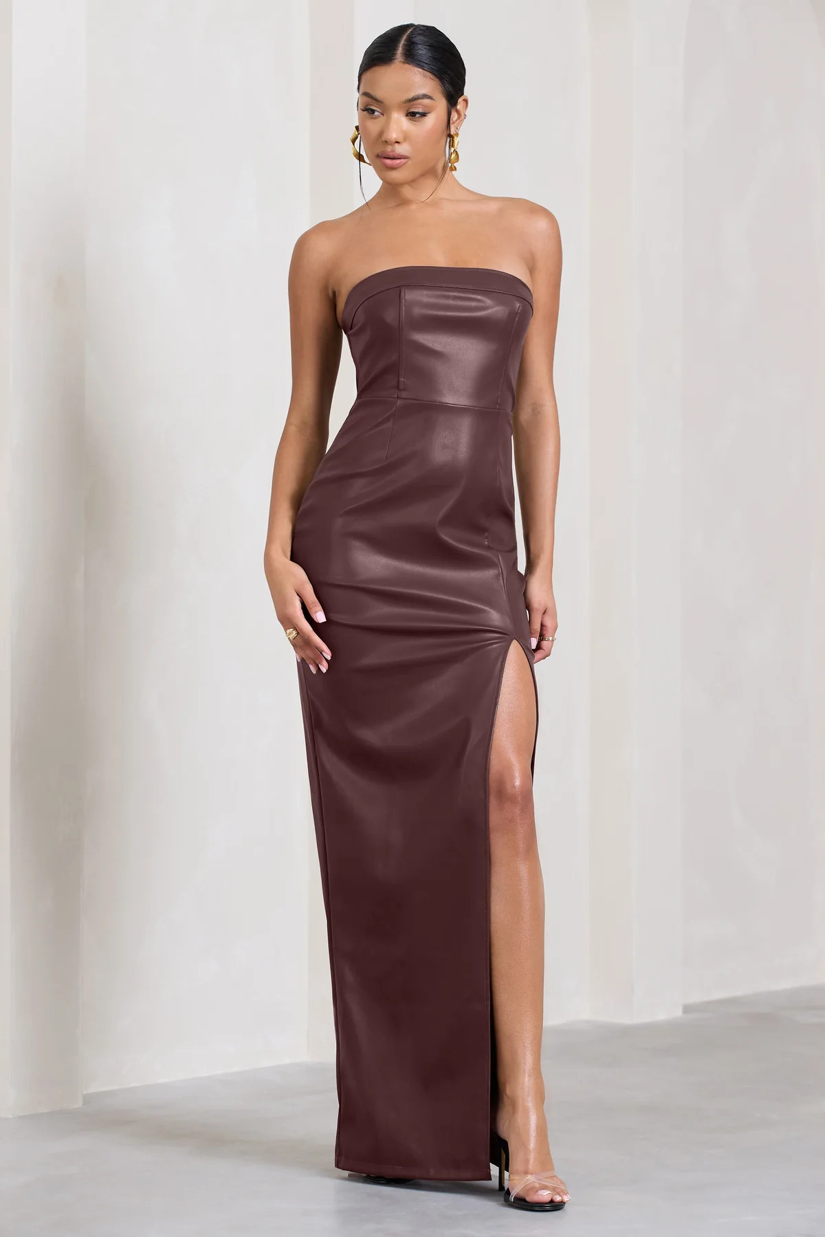 Marlene | Burgundy Faux Leather Strapless Bandeau Split Maxi Dress | Club L London
