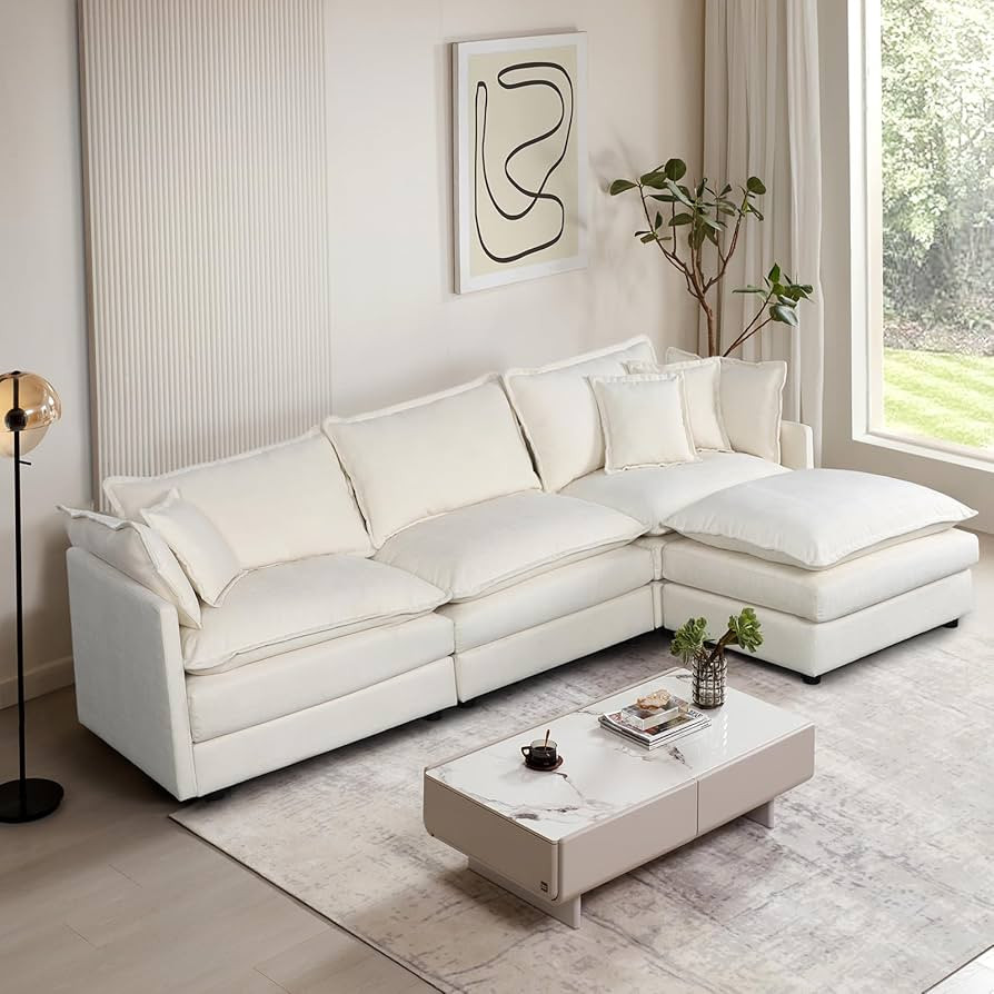 107-Inch L-Shaped 3-Seater Cloud Couch with Movable Ottoman, Chenille Upholstered Sofa Bed, High-... | Amazon (US)