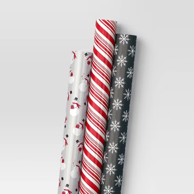 30" 3pk 180' Christmas Wrap Pack Snowman/Candy Stripes/Snowflakes - Wondershop™ | Target