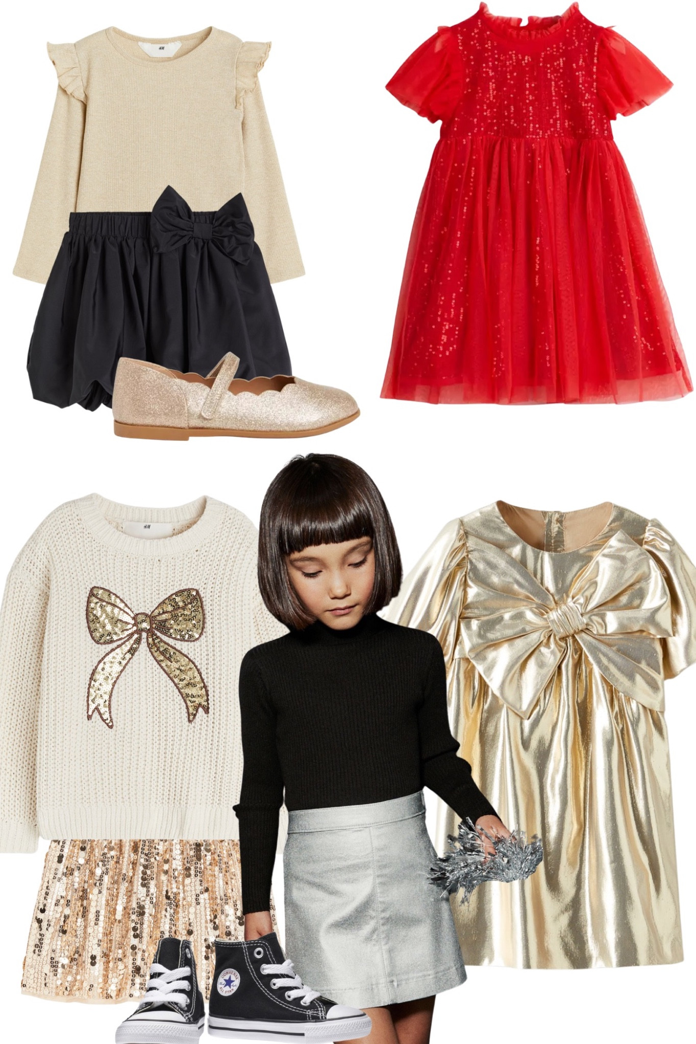 Christmas girls looks 2023 
Silver skirt -  next 
Gold dress - Zara 
HM Bow jumper and bubble skirt oos in these colours

#LTKHoliday #LTKkids #LTKCyberWeek