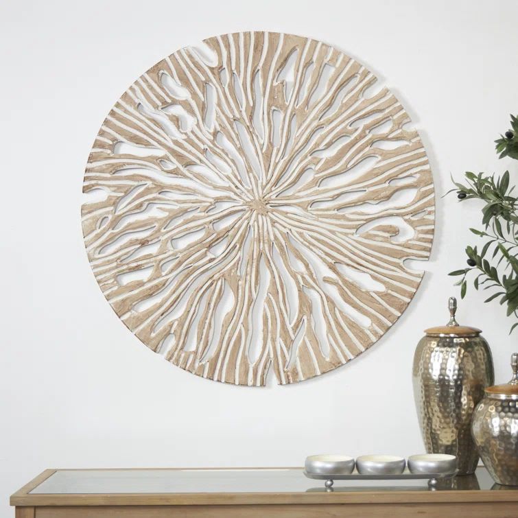Beige Wood Handmade Intricately Carved Starburst Wall Decor | Wayfair North America