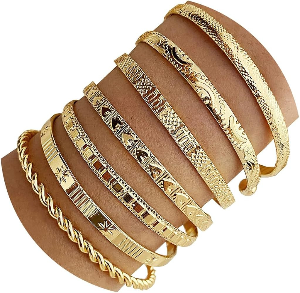 IFKM Gold Bangle Bracelets For Women, 14k Gold Plated Multi Layer Stackable Cuff Bracelet Set, Tr... | Amazon (US)