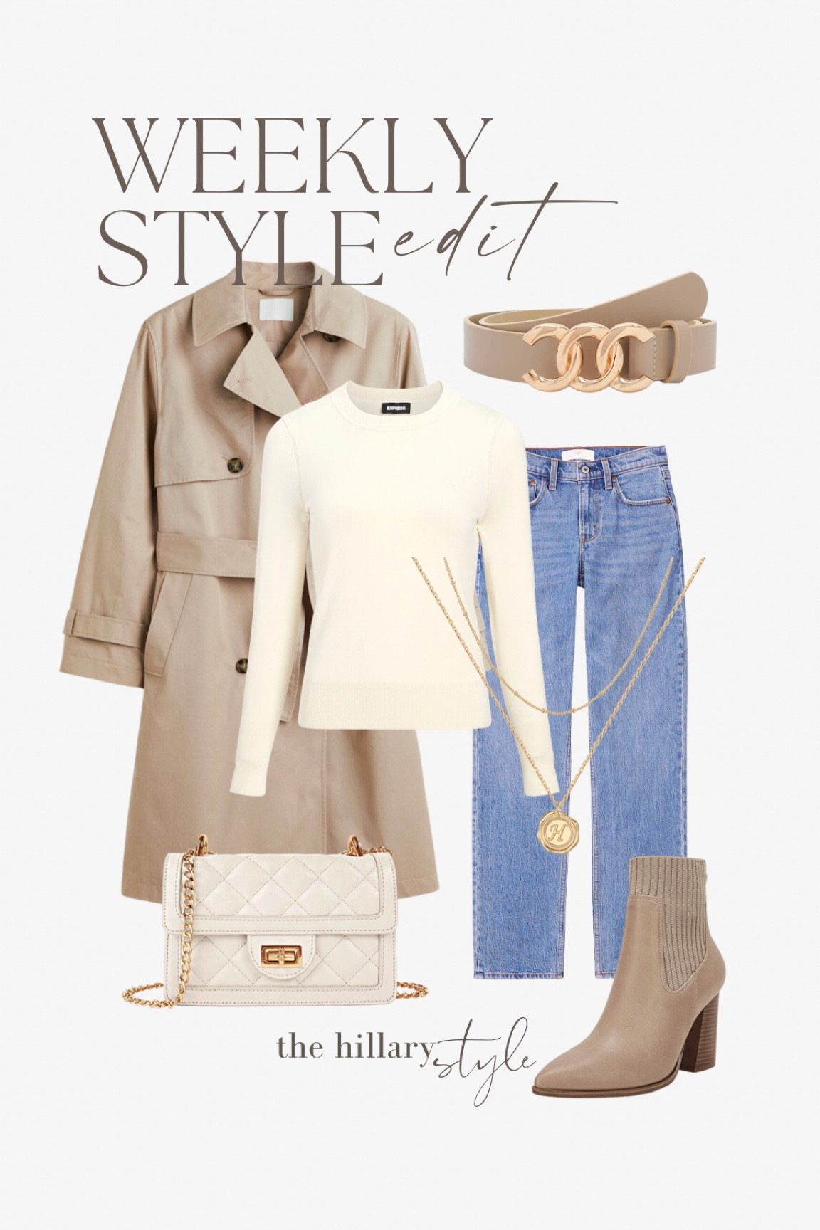 Weekly Style Edit: Transitional outfit. Outfit of the day for winter/spring shopping, appointments, errands, mom-on-the-go. Classic Trench coat, neutral sweater, jeans, ankle boots, handbag, gold hoops. Neutral outfit, #ootd, fashion basics.

#LTKstyletip #LTKFind #LTKfit