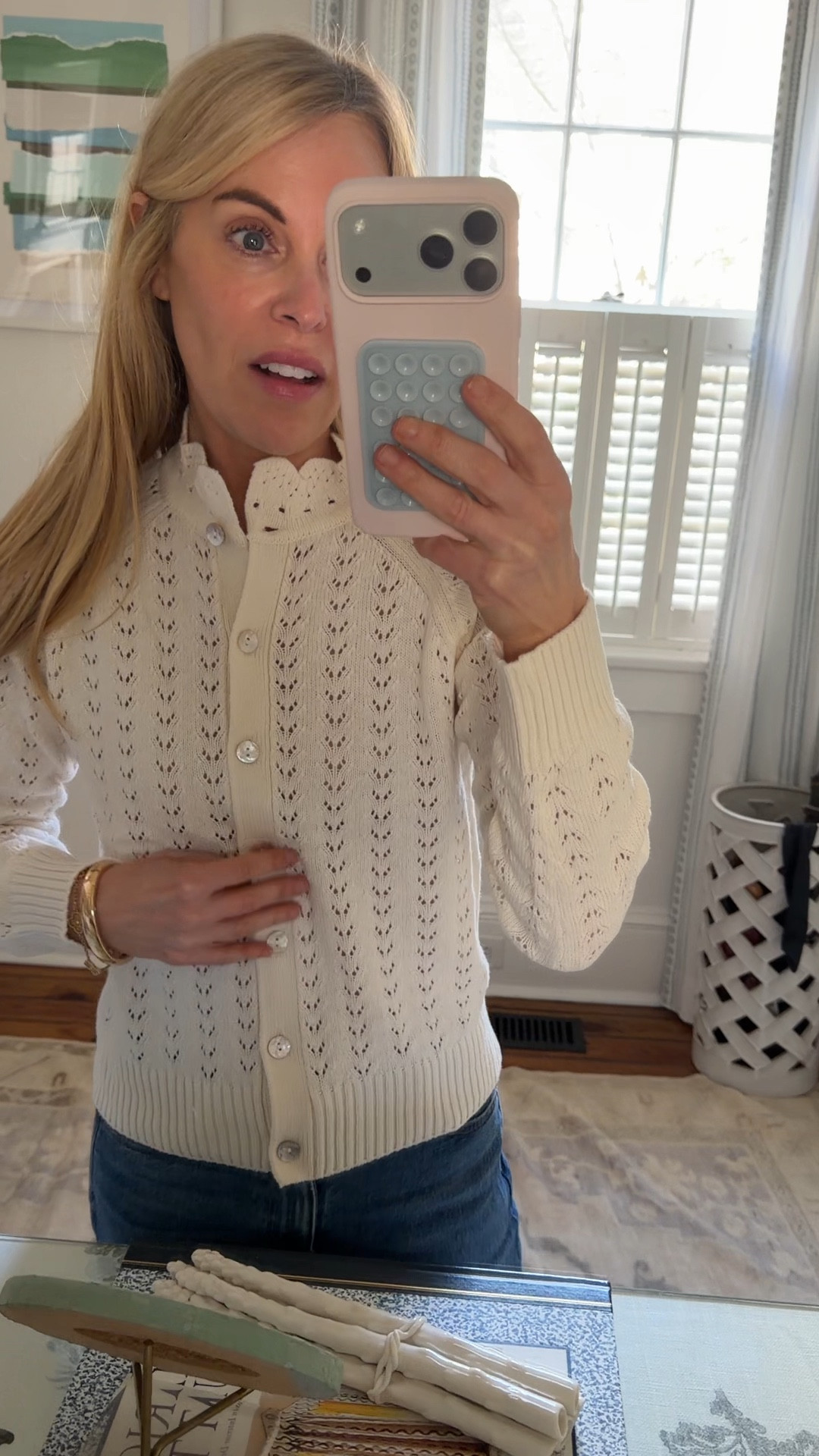 Cutest Pointelle cardigan. Look at that collar.  Under 200  Wearing xs
10% off marea10

#LTKPetite #LTKOver40 #LTKootd