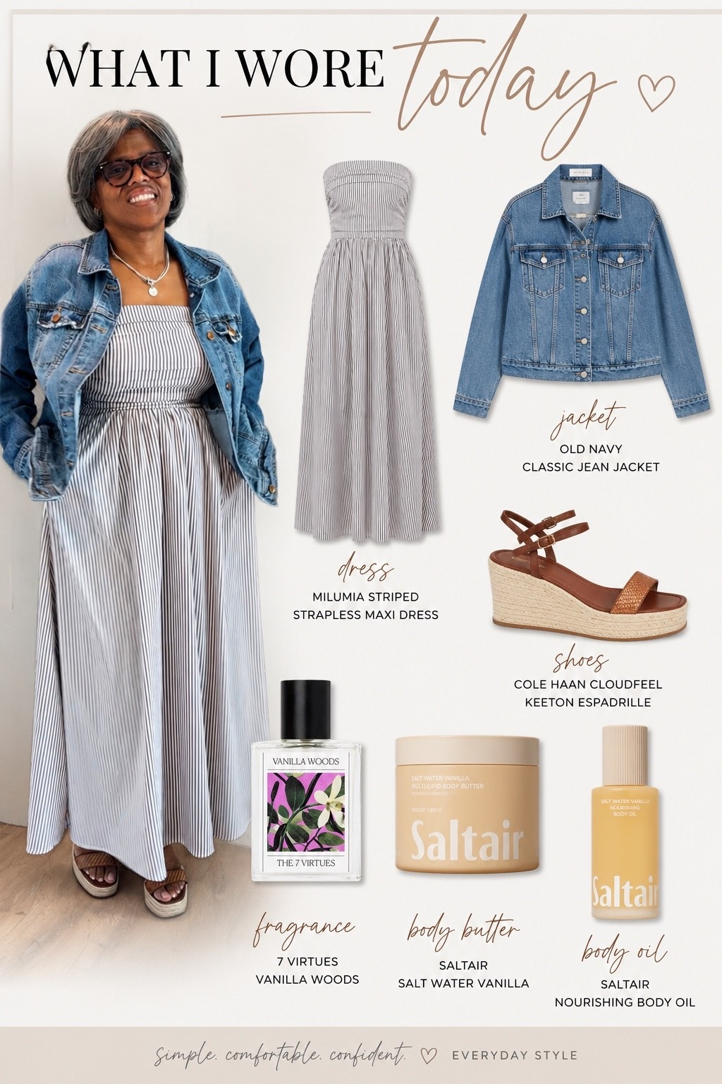Sunday style, made simple. 🤍

This striped maxi dress is one of those pieces that works all season long. I threw on a classic denim jacket and espadrille wedges for an effortless look that’s perfect for brunch, church, date night, or a weekend stroll.

And because I love when fashion meets fragrance, I’m also sharing the scent combo I wore today:
✨ Vanilla Woods by The 7 Virtues
✨ Saltair Salt Water Vanilla Body Butter
✨ Saltair Salt Water Vanilla Body Oil

Everything is linked in my LTK! 🤍

#LTKStyle #LTKFashion #Over50Style #WomenOver50Style #EverydayStyle #SummerStyle #MaxiDress #DenimJacket #WeekendStyle #AmazonFashion #OldNavyStyle #ColeHaan #VanillaWoods #Saltair #FragranceLover #FashionOver50 #ClassicStyle #OOTD
