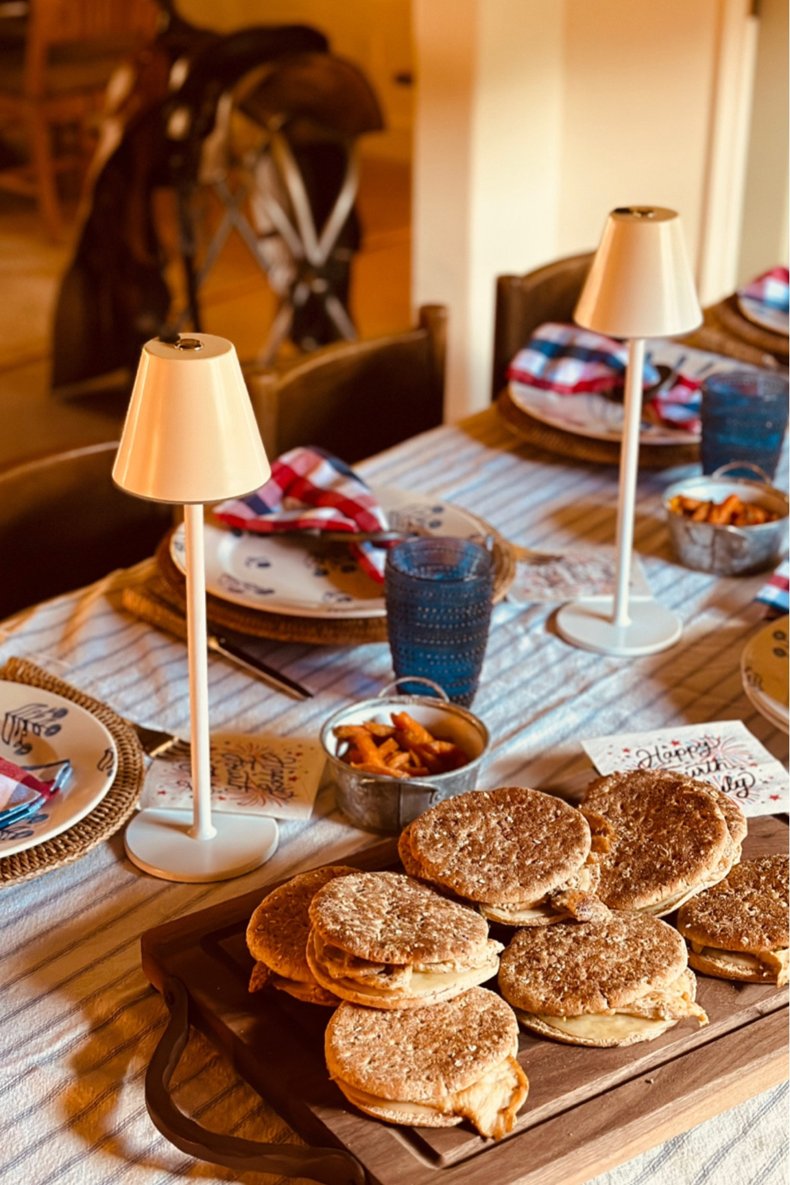 I have been making dinner for our family and this week I decided to organize our menu by country. The Fourth of July was American night so I created chicken sandwiches on thin, sliced bread with provolone and avocado and then our guests dressed their sandwiches with tomatoes, peppers, lettuce, and condiments. I grabbed some Burger House seasoning for our sweet potato fries and gave the kids red and blue fruit for dessert.

#LTKhome #LTKunder50 #LTKFind