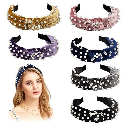 Pearl Headband for Women - 6 Pack Knot Headband with Pearls Wide Headbands Turban Velvet Pearl He... | Amazon (US)