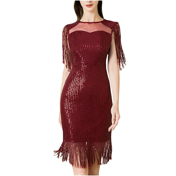 Sequin Dress for Women Elegant Sexy Sparkly Sleeveless V-neck Bodycon Tassel Cocktail Party Fring... | Walmart (US)