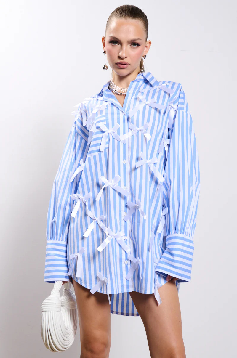 BOWS STRIPED POPLIN SHIRT DRESS | AKIRA