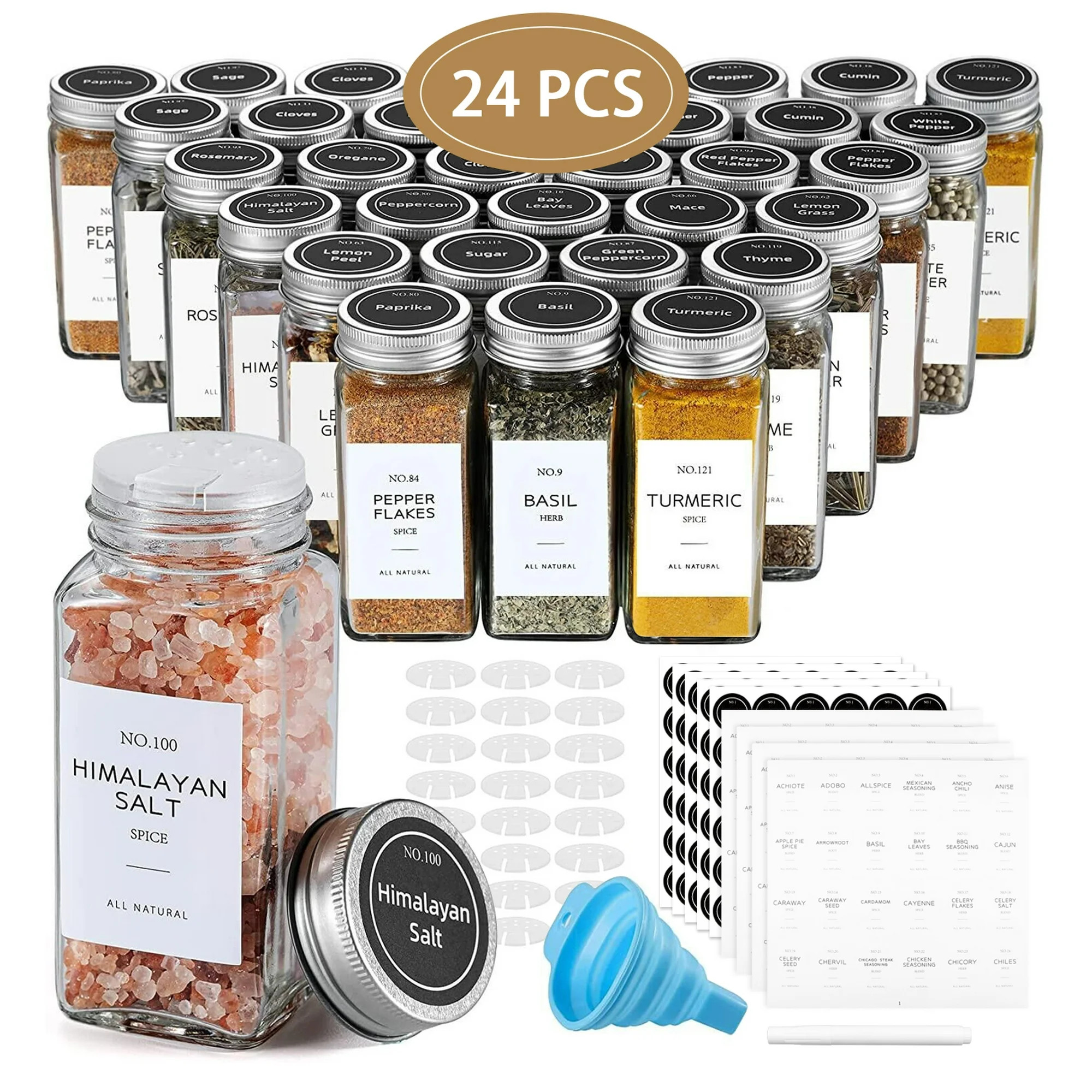 24 Pcs Glass Spice Jars/Bottles - 4oz Empty Square Spice Containers with 10 Spice Labels - Shaker... | Walmart (US)