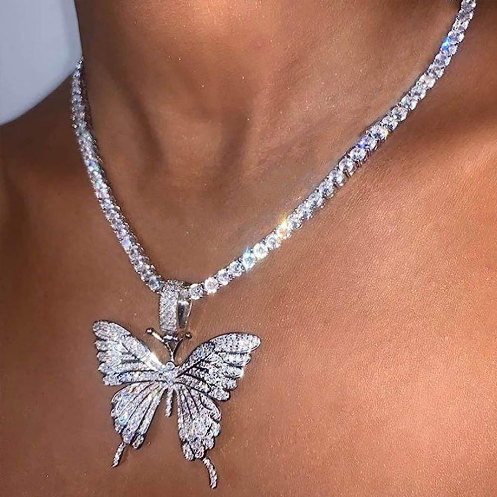 Earent Crystal Butterfly Choker Necklace Rhinestone Pendant Necklaces Chain Sparkly Butterfly Jew... | Amazon (US)