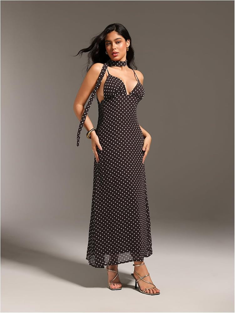 GORGLITTER Women's Deep V-Neck Polka Dots Mesh Tie Backless Sleeveless Long Maxi Dress with Scarf | Amazon (US)