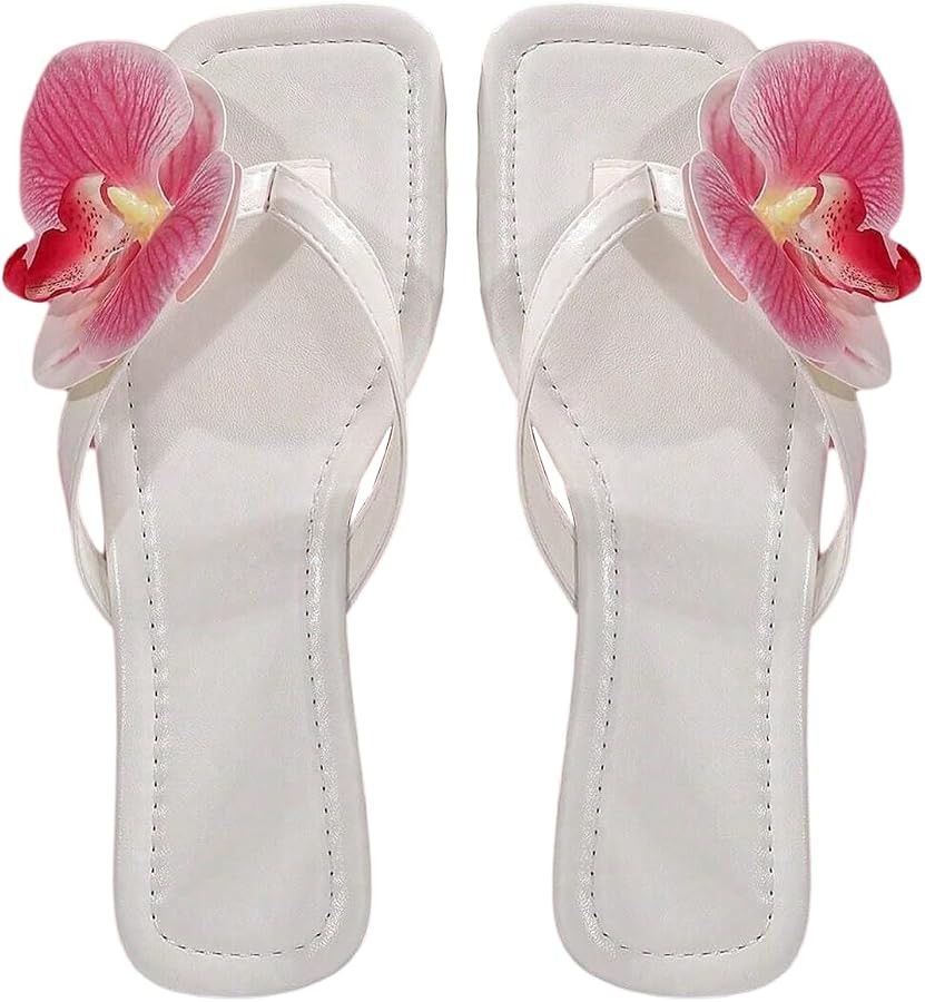MakeMeChic Women's Flower Flat Sandals Square Toe Flip Flops Summer Beach Slippers Thong Sandal | Amazon (US)