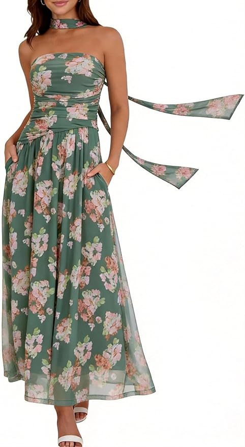 Summer Maxi Dresses for Women 2026 Strapless Ruched Tube Dress with Scarf Beach Vacation Spring W... | Amazon (US)