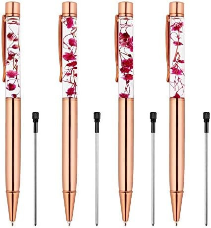 Rose Gold Ballpoint Pen,4 Pieces Metal Ball Pens Dynamic Liquid Flower Pen Black Ink Pen Refills ... | Amazon (US)
