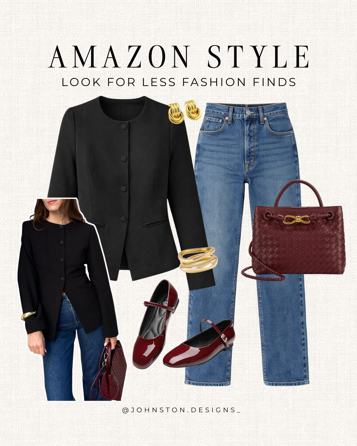 Luxury look for less outfit inspo! Amazon fashion finds for winter, work outfit, trending blazer, business casual, jeans, night out, burgundy accessories, women's trending style.
 

 #LTKFindsUnder50