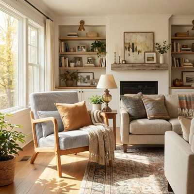 FurnitureR Modern Upholstered Accent Chair with Solid Wood Arms, Textured Fabric Lounge Chair for Living Room, Bedroom, Reading Nook | Target