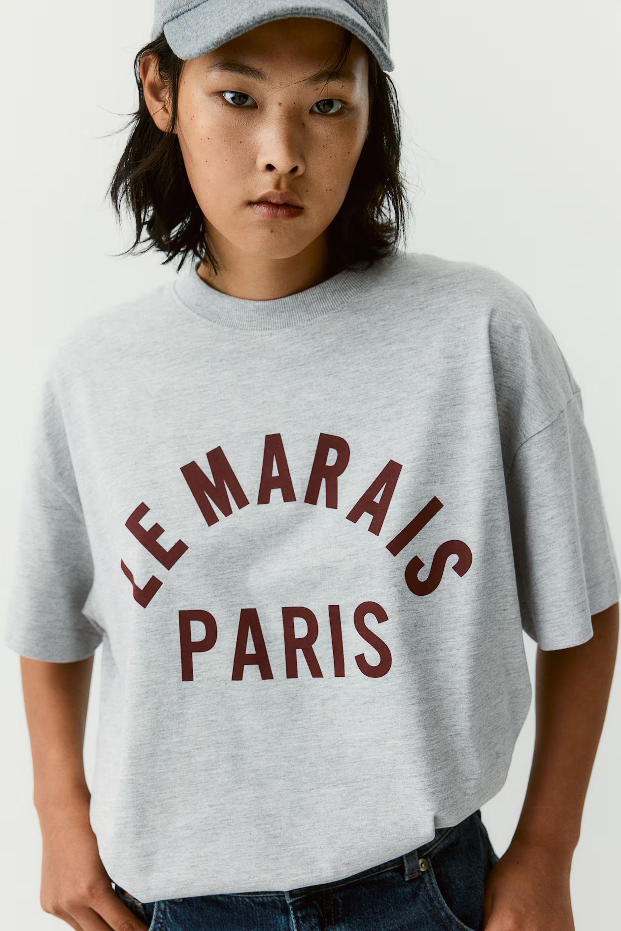 Oversized Printed T-shirt - Round Neck - Short sleeve - Light gray melange/Le Marais - Ladies | H... | H&M (US + CA)