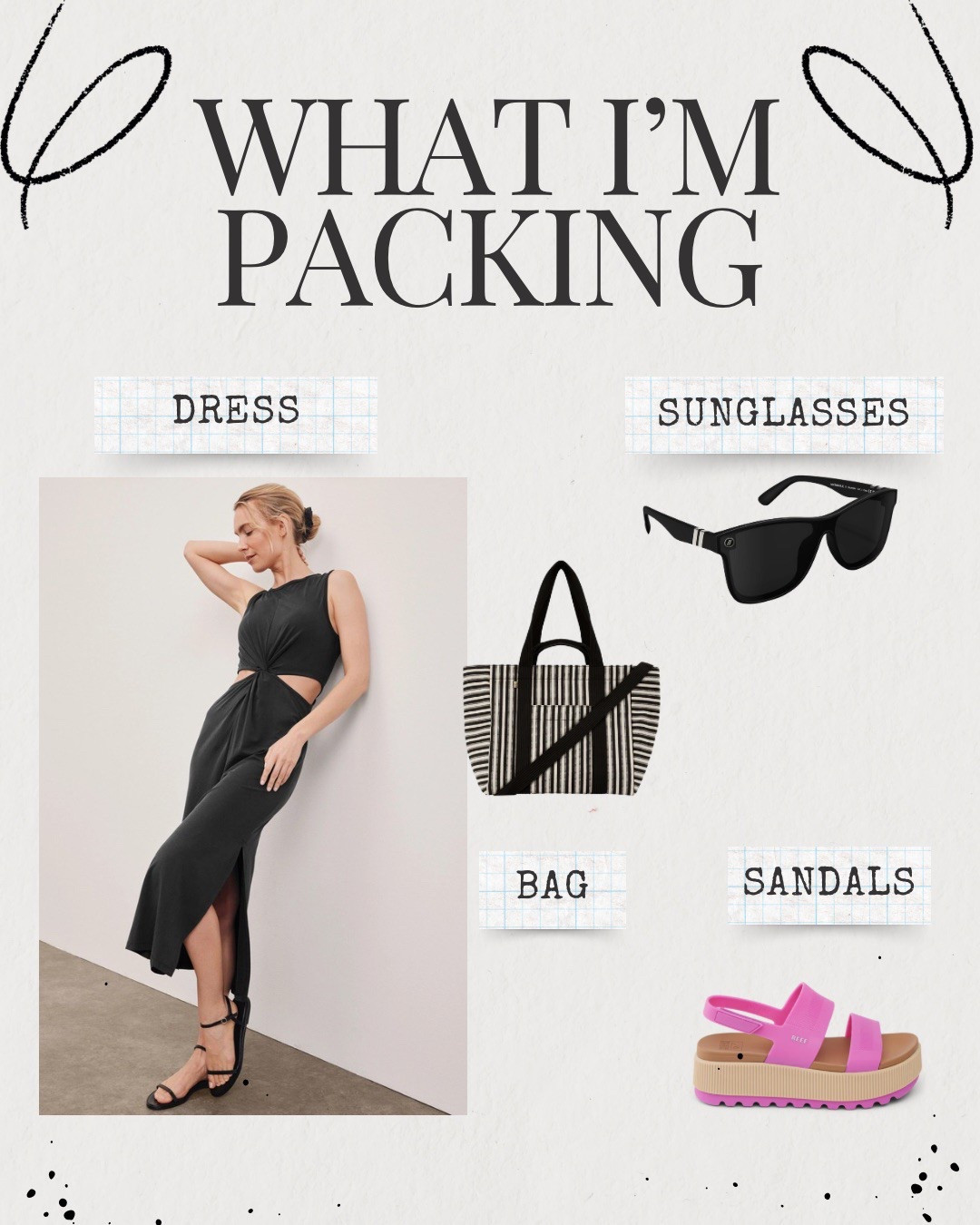 Here are some of the items I’m packing for out upcoming vacation!  

You cannot go wrong with any of these!  

The basic black Dress with a fun airy detail - fits TTS - I have medium.  

The bag is sooooo good.  Sturdy and big night to hold it all as a carry on and then transition to the beach.  Or it’s a great work bag too!  

I get compliments every time I wear these sunglasses - plus they’re nice and dark.  

And the shoes are a new find in this fun color but they come in lots of others too!  I like a little height so these are perfect and add a little pop!  

#LTKOver40 #LTKSeasonal #LTKTravel