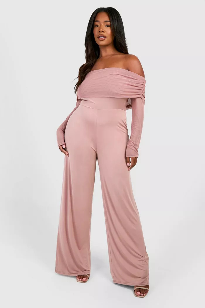 Plus Slinky & Mesh Off The Shoulder Wide Leg Jumpsuit | boohoo (US & Canada)