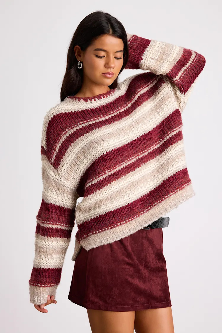 Brea Red and Beige Striped Oversized Sweater | Lulus