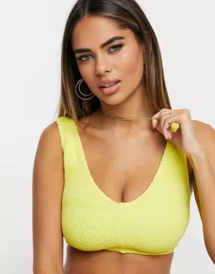 ASOS DESIGN fuller bust mix and match crinkle v front crop bikini top in yellow dd-f | ASOS (Global)