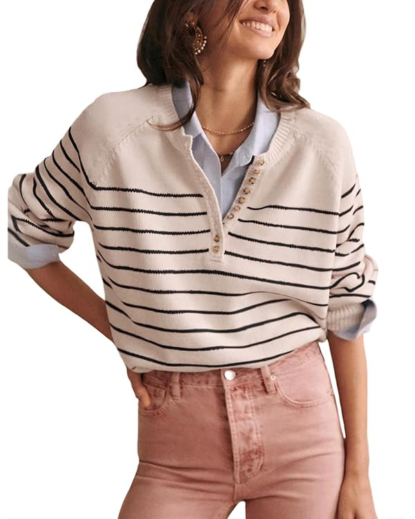 Hongsui Women's Color Block Striped Sweaters Button Up Crewneck Pullover Ribbed Knit Sweater Tops | Amazon (US)