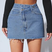 Stepped Waist Raw Hem Denim Skirt | SHEIN