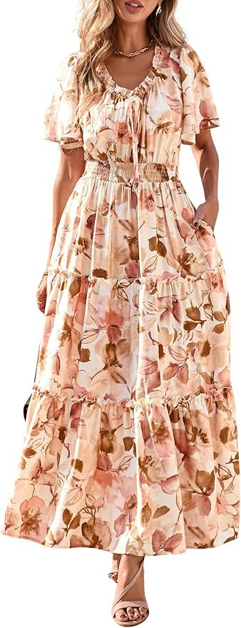 KIRUNDO Womens Summer Boho Floral Maxi Dress Flutter Short Sleeve V Neck Ruffle Tiered Flowy Beac... | Amazon (US)