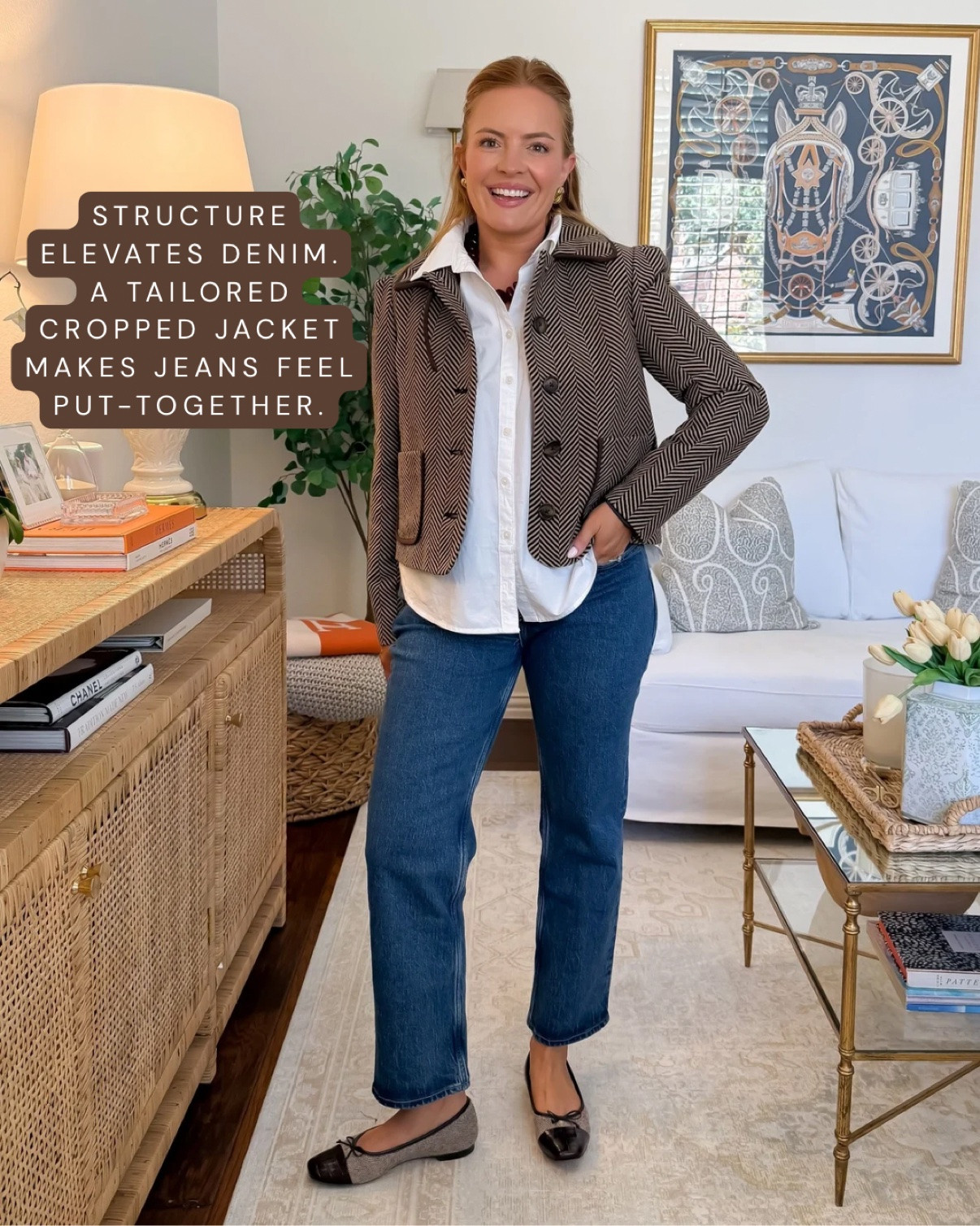 Wearing 28 short in jeans, medium in the shirt and small in the jacket.
Structure is the secret to elevating jeans for fall — a tailored cropped jacket over a crisp white shirt makes classic straight leg jeans feel instantly put-together. Same denim you'd wear with a tee, but the polished layers do all the elevating. An easy fall workwear or weekend outfit.
#howtostylejeans #falljeansoutfits #croppedjacket #classicjeans #fallworkwear