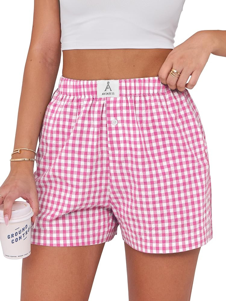 ANRABESS Boxer Shorts for Women Gingham Pajama 2025 Summer Casual Lounge Sleep Plaid Shorts Y2K B... | Amazon (US)