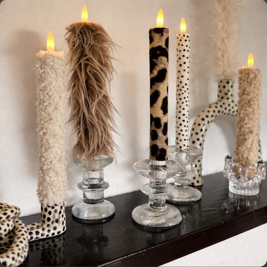Neutral home decor with textured candles, animal print candles, sherpa candle aesthetic, leopard print home decor, polka dot decor accents, cozy modern shelf styling, glass candlestick decor, aesthetic candle display ideas, quiet luxury home styling, neutral minimalist decor inspiration

#LTKHome