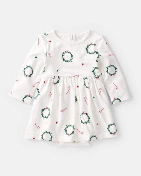 Baby Girl Wreath Print PurelySoft Long-Sleeve Bodysuit Dress - White | Carter's Inc