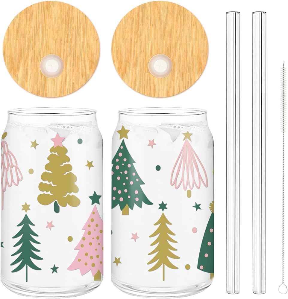 AnyDesign 2 Pack Christmas Drinking Glasses 16oz Boho Xmas Tree Glass Cup Pink Green Tree Iced Co... | Amazon (US)