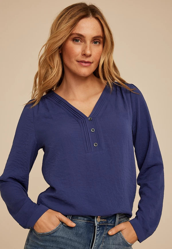 Pleated V Neck Button Front Blouse | Maurices