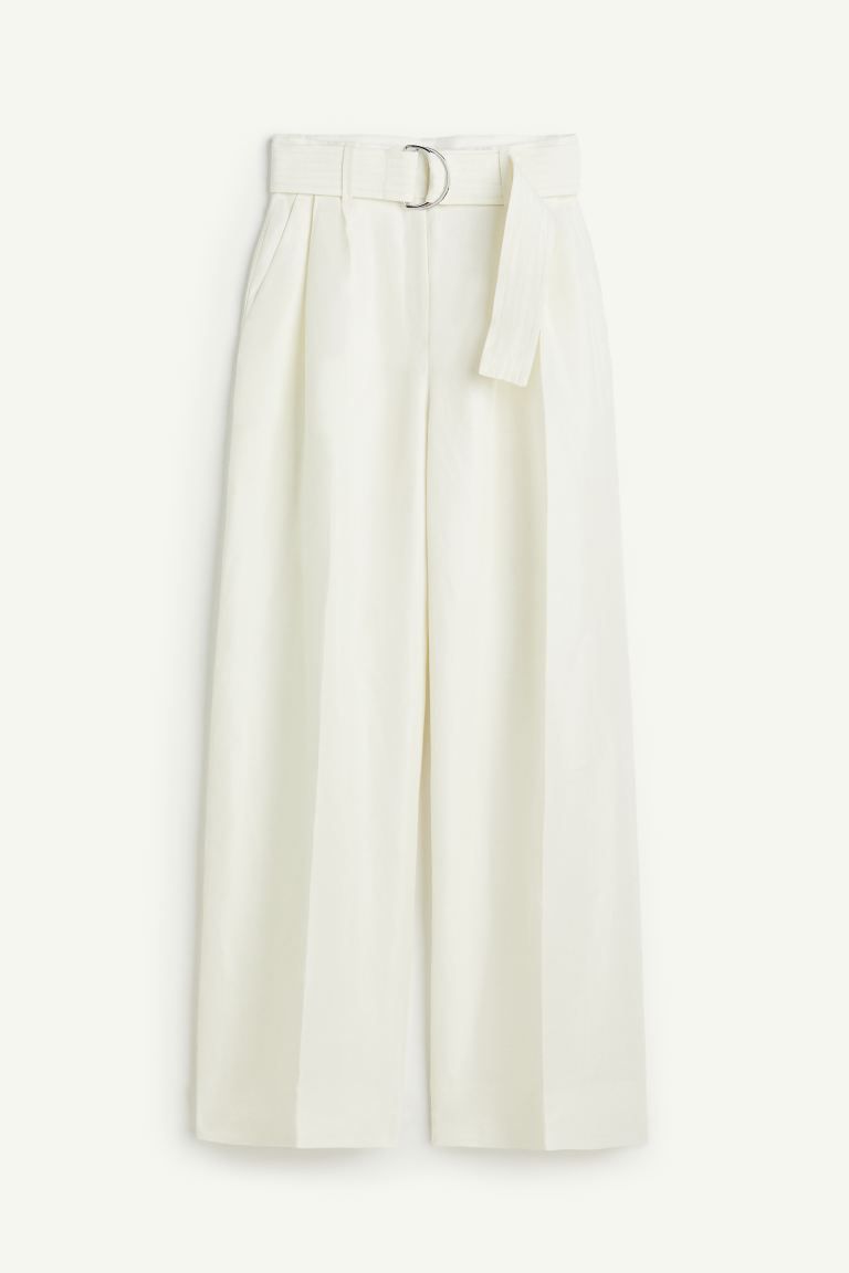 Linen-blend Pants with Belt - White - Ladies | H&M US | H&M (US + CA)