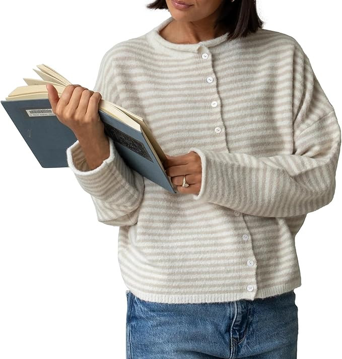 Womens Striped Cardigan Sweater Open Front Button Down Cropped Cardi Casual Long Sleeve Cable Kni... | Amazon (US)