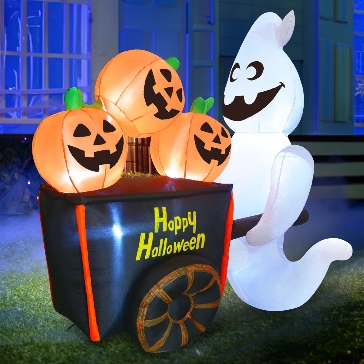Halloween Inflatable Ghost Pushing Pumpkin Cart with Build-in LEDs Blow Up Inflatables Ghost for ... | Wayfair North America
