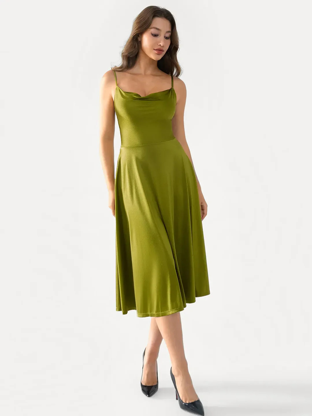 Shapewear Strappy Cowl Neck Fit & Flare Midi Dress | Popilush