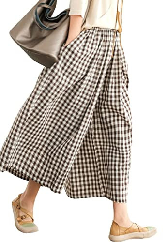 chouyatou Women's Cotton Linen Pants Elastic Waist Plaid Gingham Wide Leg Capri Palazzo Pants (Me... | Amazon (US)