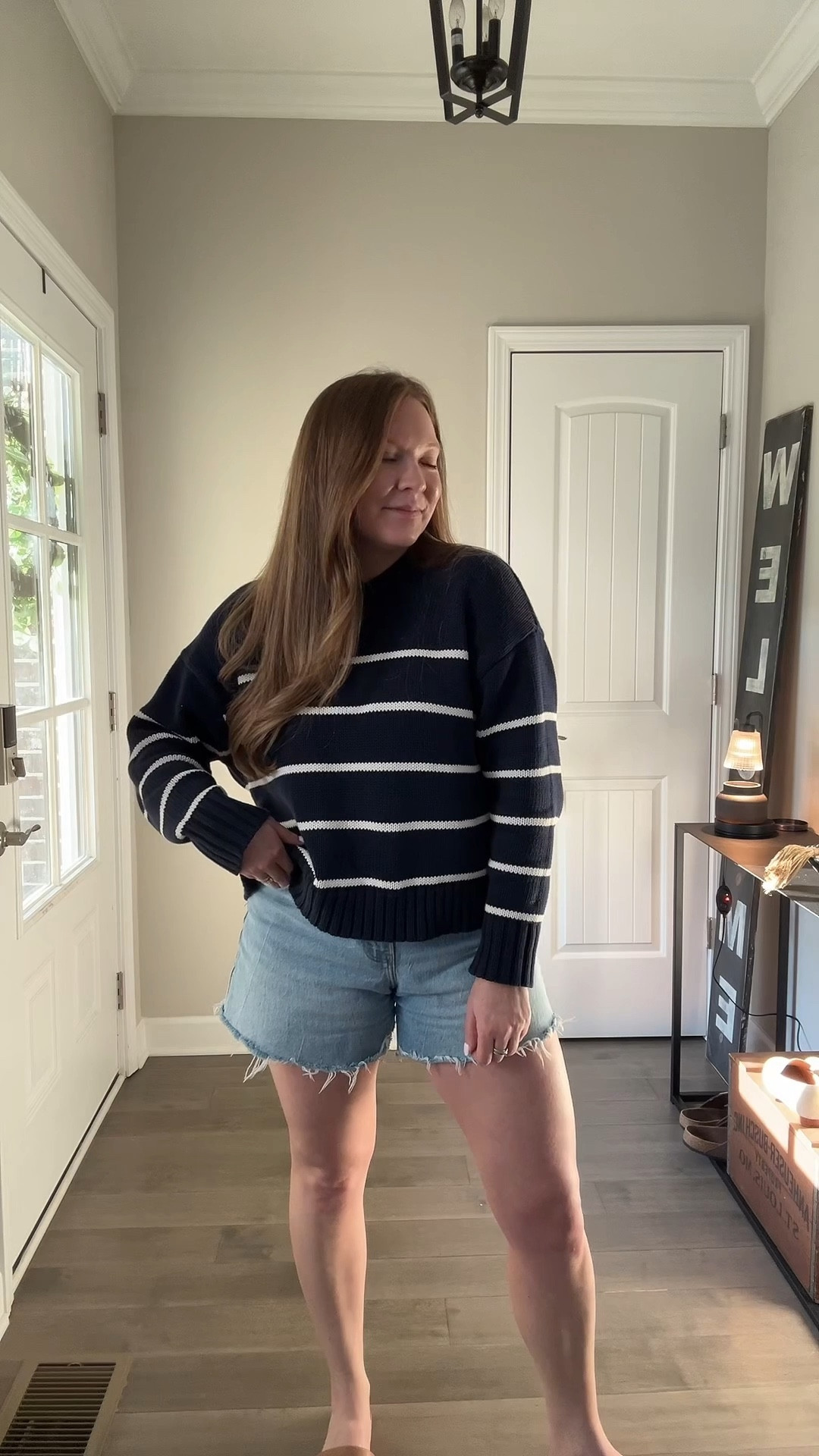 Navy striped sweater / tts wearing a medium 
Cut off jean shorts / tts / linked similar 
Sandals
Yurman 
Evil eye necklace 

#LTKspring #LTKootd #LTKdayinmylife