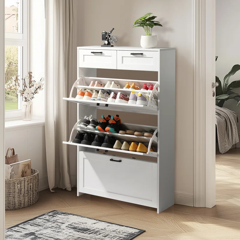 Latitude Run® 3 Shoe Storage Flip Drawers And 2 Small Drawers Shoe Cabinet White | Wayfair | Wayfair North America