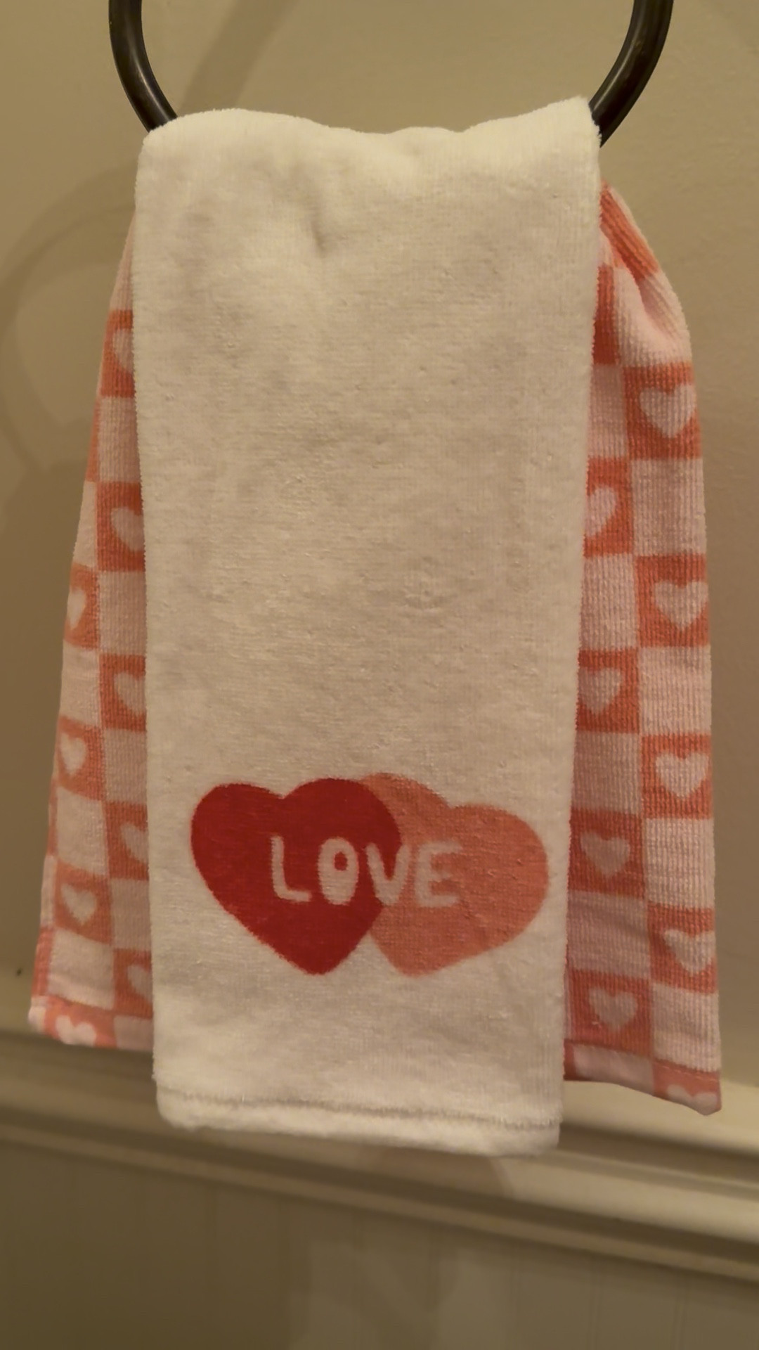 Added a set of bathroom Valentine’s Day towels to my bathroom to make it a little more festive. 💗❤️ This two pack of bathroom towels is only $5.00! 

I made the first towel a little wider, and I then added the second towel on top to give it a layered look❤️💗

#LTKSeasonal #LTKHome #LTKWatchNow
