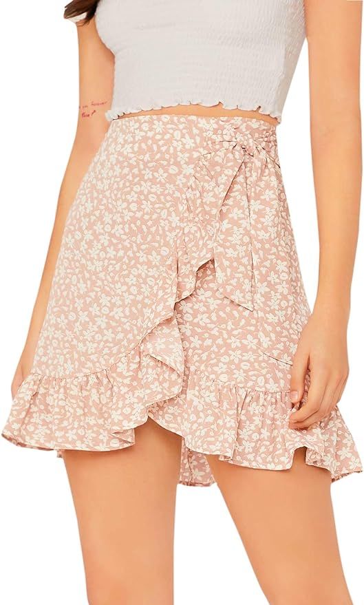 SOLY HUX Women's Summer Boho Print Ruffle Hem Wrap Tie Waist Mini Short Skirt | Amazon (US)