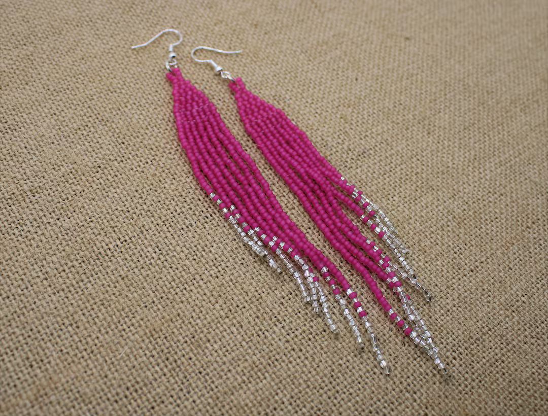 Neon Pink Seed Bead Statement Earrings With Silver Tone Finish - Etsy | Etsy (US)