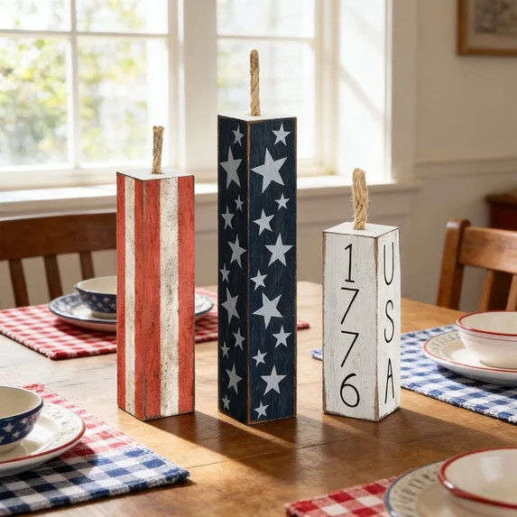 Moocorvic 3 Pcs 4th of July Wooden Firework Decor, Patriotic Tiered Tray Decor Memorial Day Wood ... | Walmart (US)